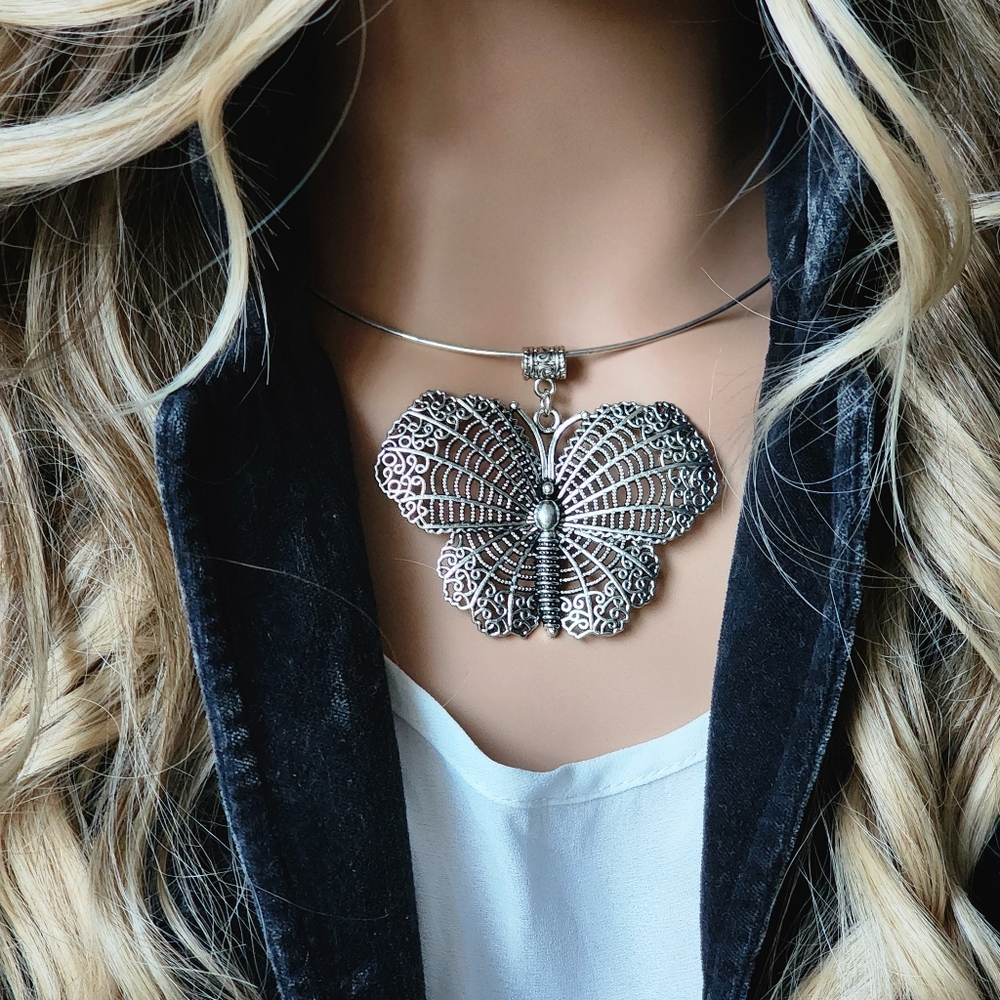❤️Big Butterfly Jewelry Large Pendant Silver Hypoallergenic Lightweigt